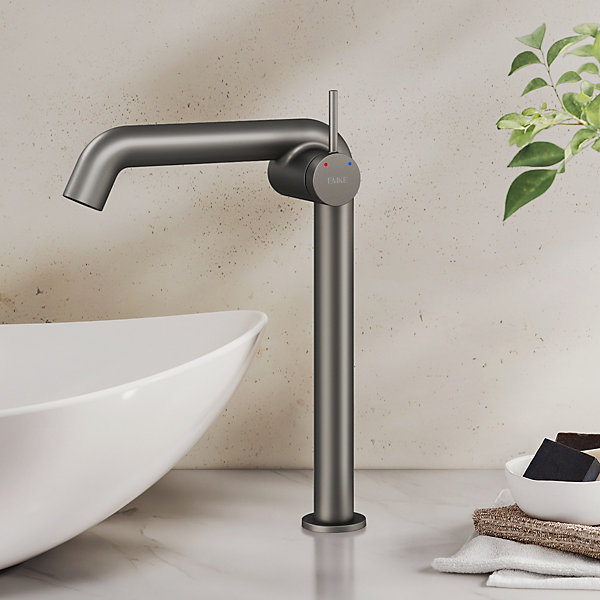 EMKE Robinet de Salle de Bain Anthracite Mat, 332x220x76 mm, Laiton, Cartouche Céramique, Mitigeur de Lavabo, Installation Facile
