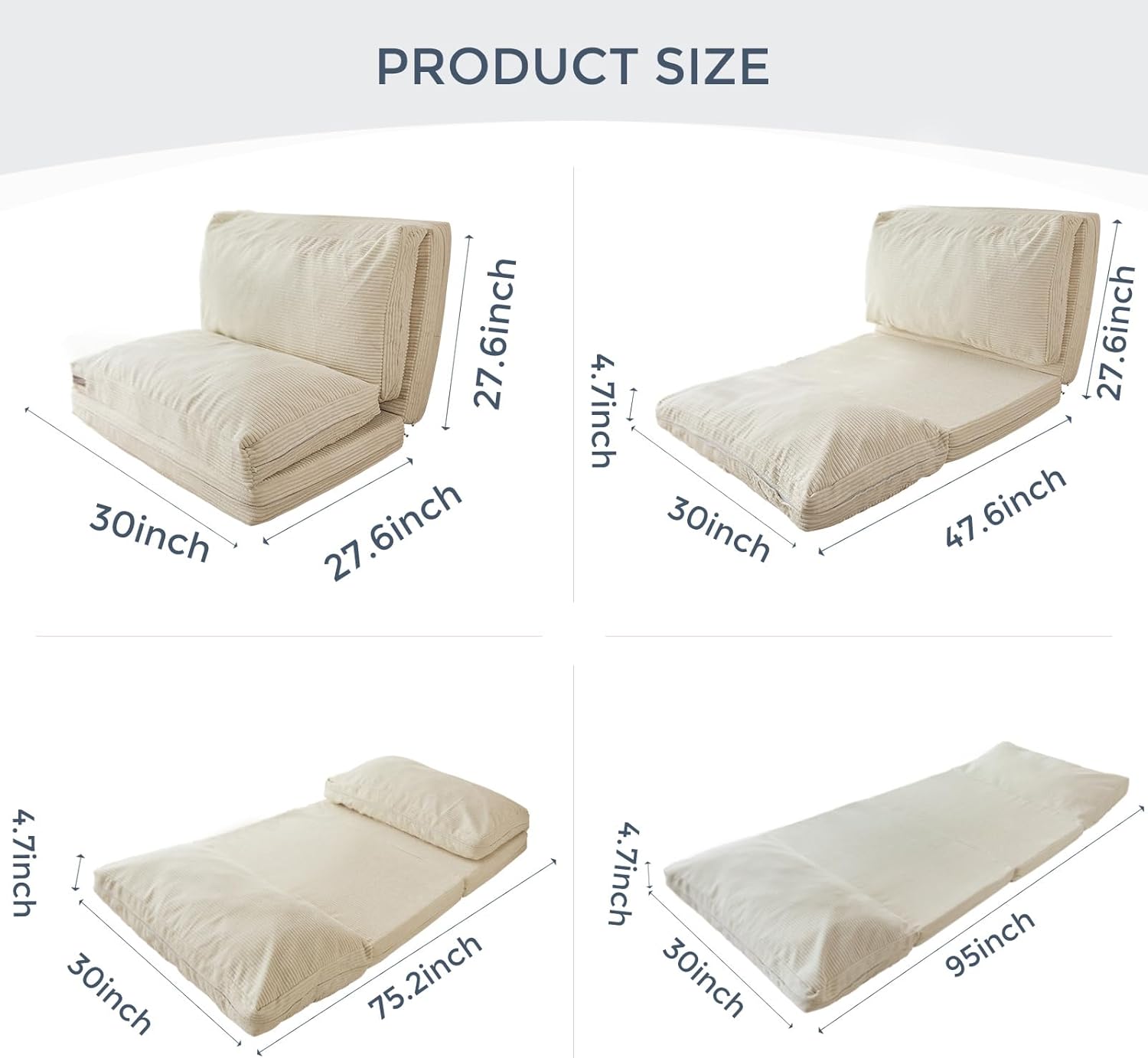 MAXYOYO Folding Sofa Bed, Extra Thick and Long Floor Sofa Convertible Sleeper Chair with Washable Cover, Floor Couch Lounge Bean Bag Bed for Living Room, Beige, 30x95 Inch