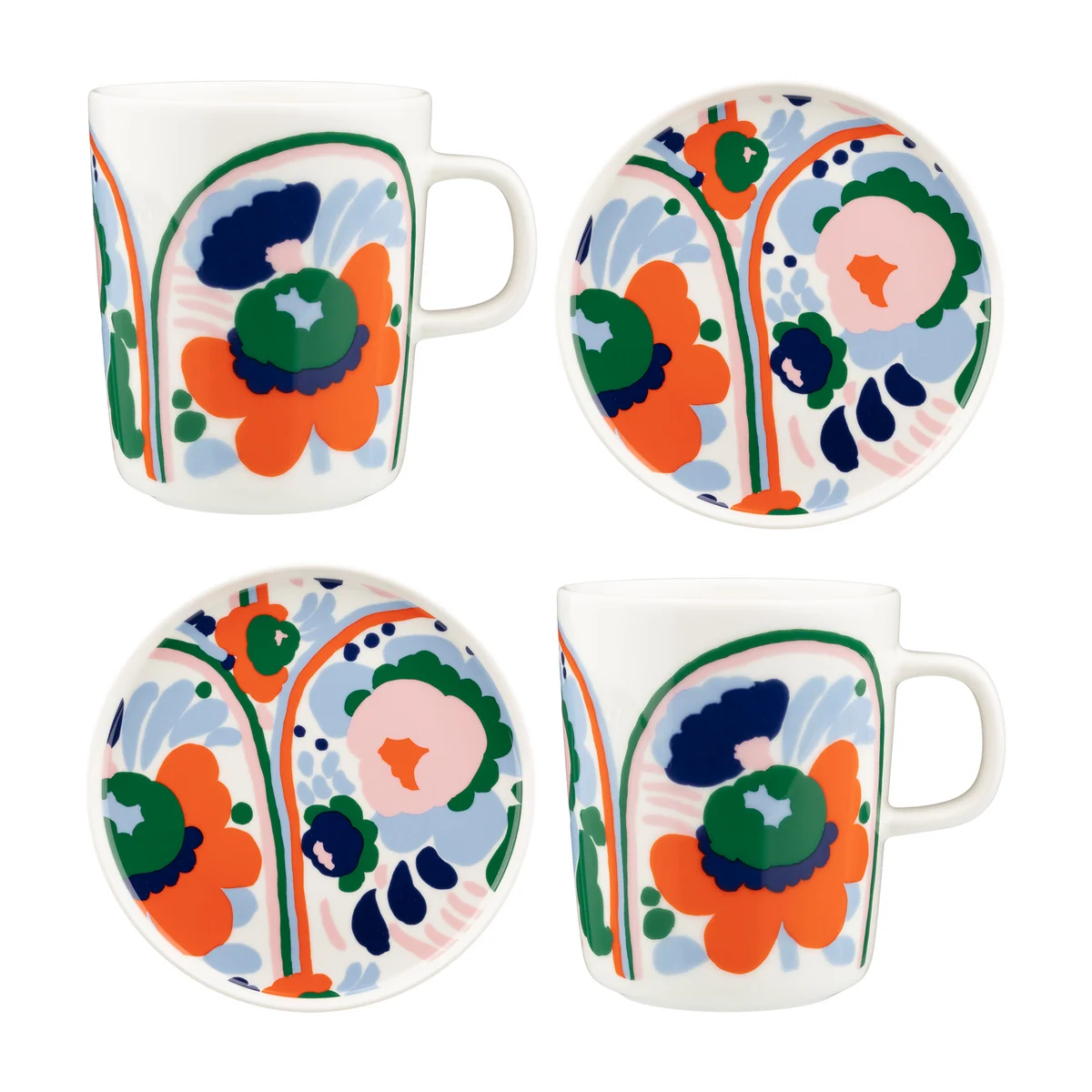 Marimekko - Karuselli Becher und Teller Set, weiß / orange / blau / emerald (4tlg.)