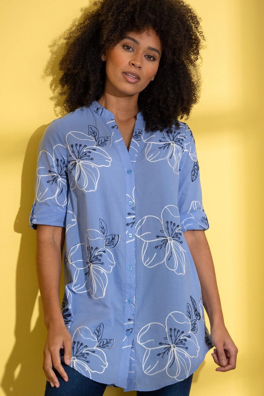 Klass. Floral Shimmer Embroidered Cotton Shirt