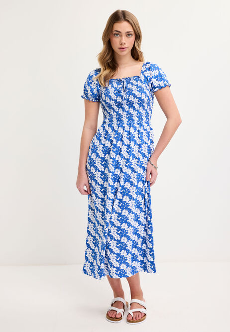 Womens Blue Floral Milkmaid Shirred Midi Dress