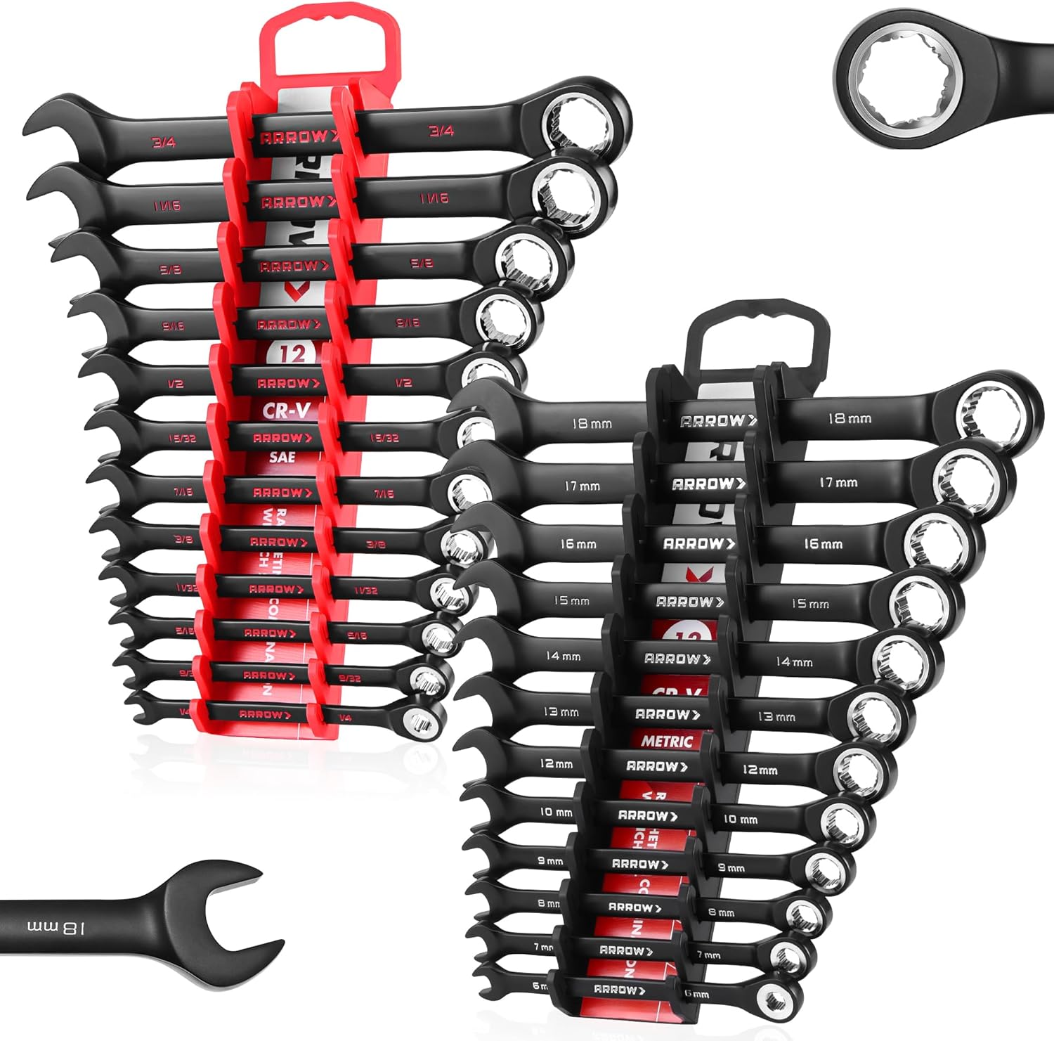 ARROW 24PCS Ratcheting Wrench Set Metric and Standard, Anti-Slip 6-18mm & 1/4-3/4 Combination Ratchet Wrench Set with 2 Magnetic Tool Holders, CRV Material, 72-Teeth, Easy to Carry & Store