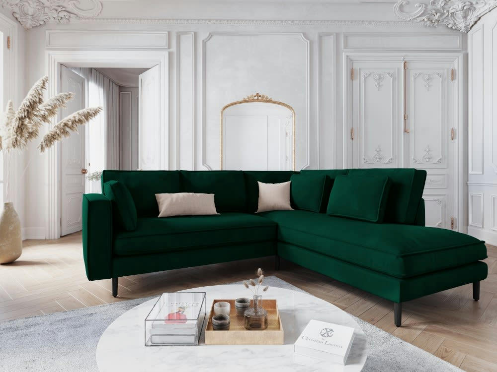 ALEXIS - Canapé d'angle 5 places en velours vert bouteille
