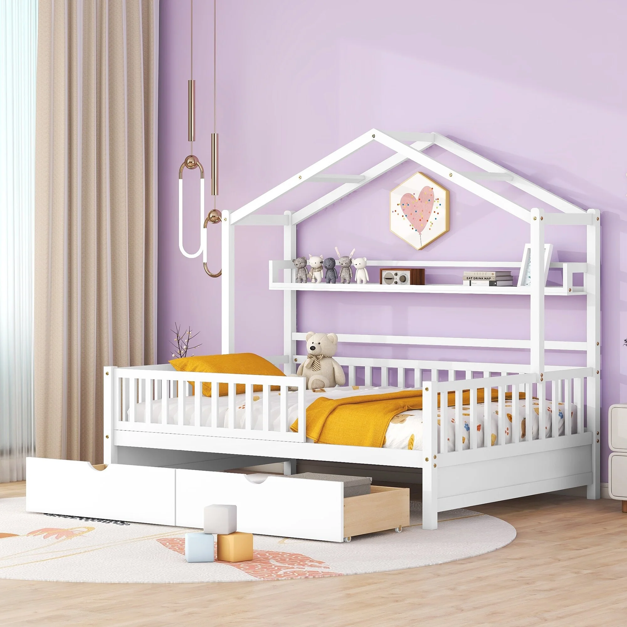 Wooden Full Size House Bed with Roof, 2 Storage Drawers, and Shelf, Perfect for Kids