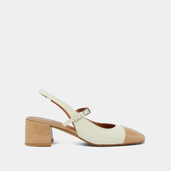 Babies à talons et bouts arrières ouvertsen vernis beige et écru | DOUMY
