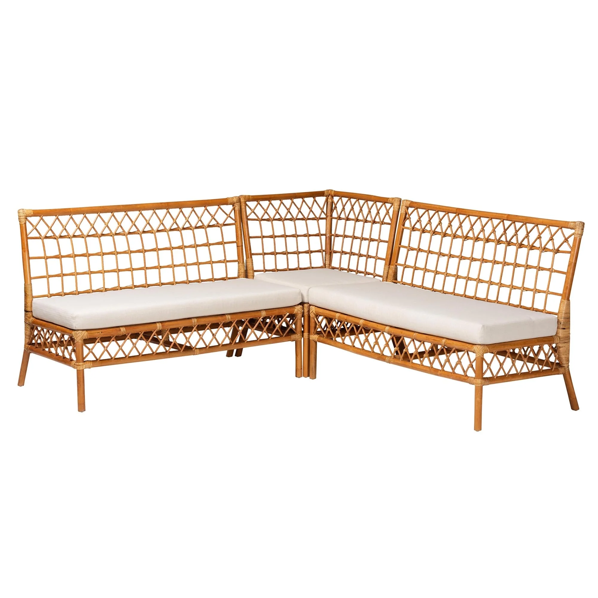 Capella Modern Bohemian Honey Rattan 3-Piece Dining Nook Banquette Set