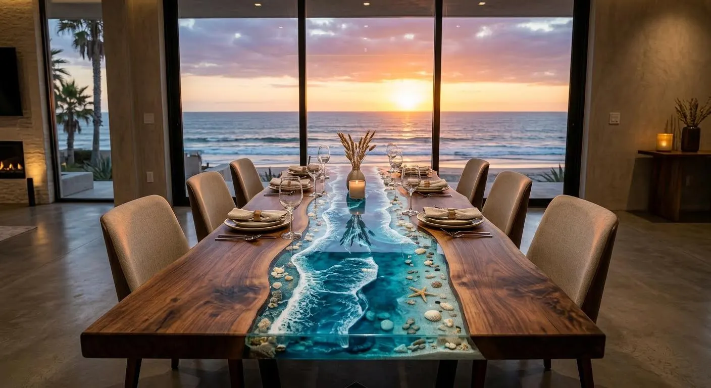 Ocean Wave Epoxy River Dining Table, Custom Beach Resin Table, Walnut Ocean Dining Table, Coastal Luxury Furniture, Handmade USA Table