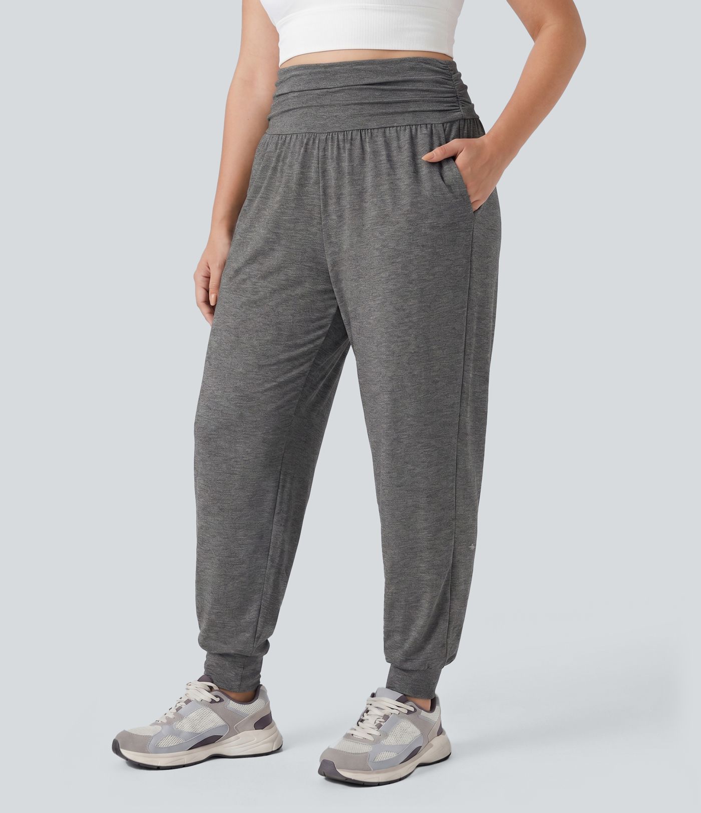 Pantalon de jogging de yoga grande taille chiné taille haute avec fronces et poches