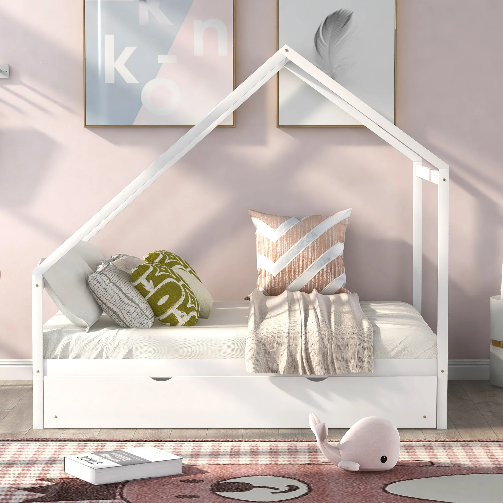 White Full Wooden House Bed with Trundle