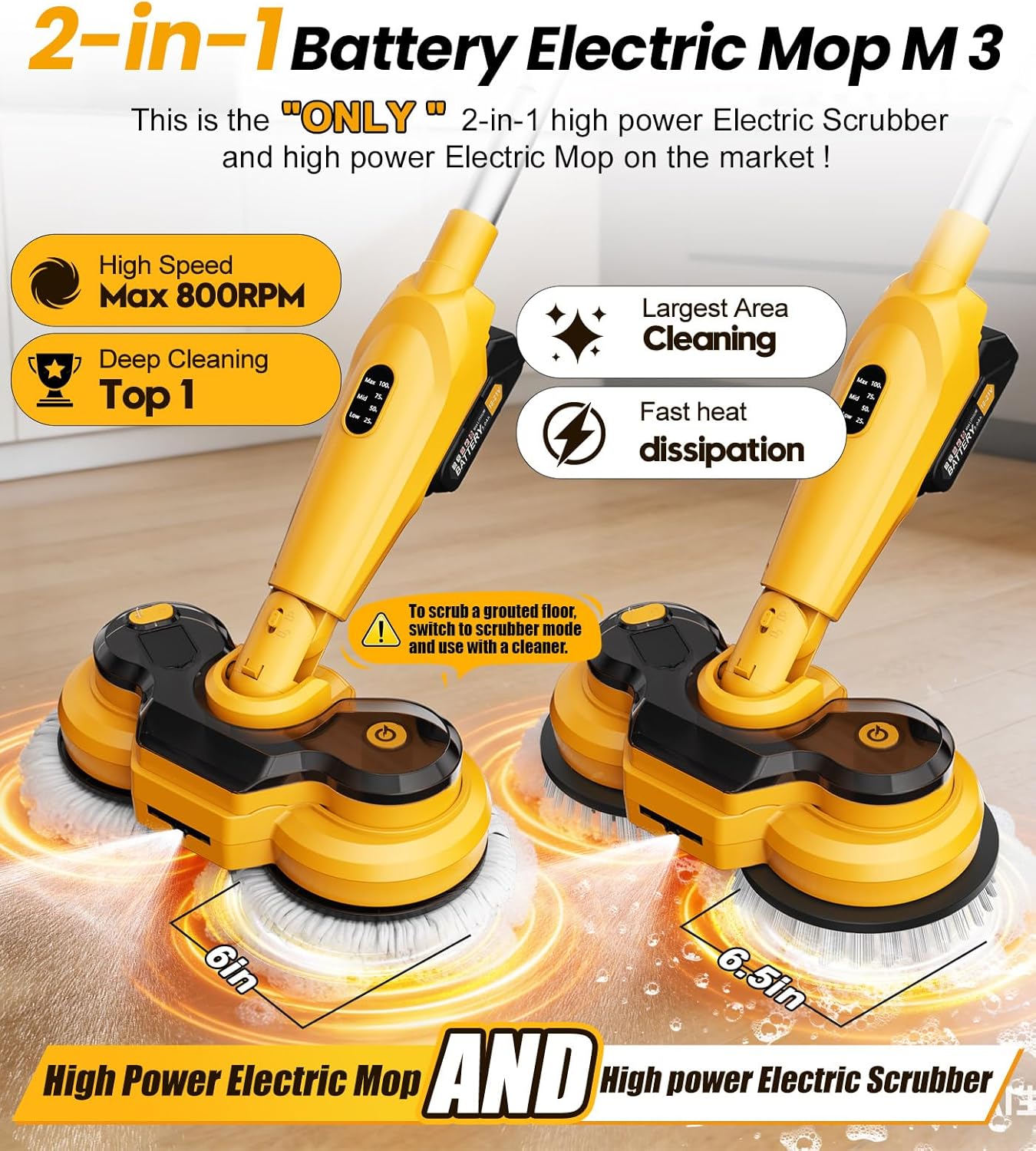 qimedo 6000mAh Battery Cordless Electric Mop M3 Pro, 800RPM Electric Power Scrubber & Mops for Floor Cleaning, Automatic Spin Mops with Smart Display,Rotating Mop with LED Light & Water Spray