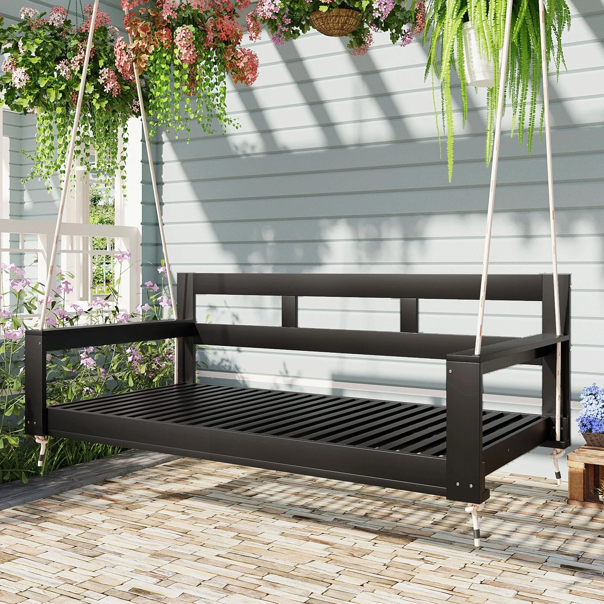 Patio Wooden Twin Size Porch Swing Daybed Frame, Garden Swing Bench Chair with 4 Hanging Ropes