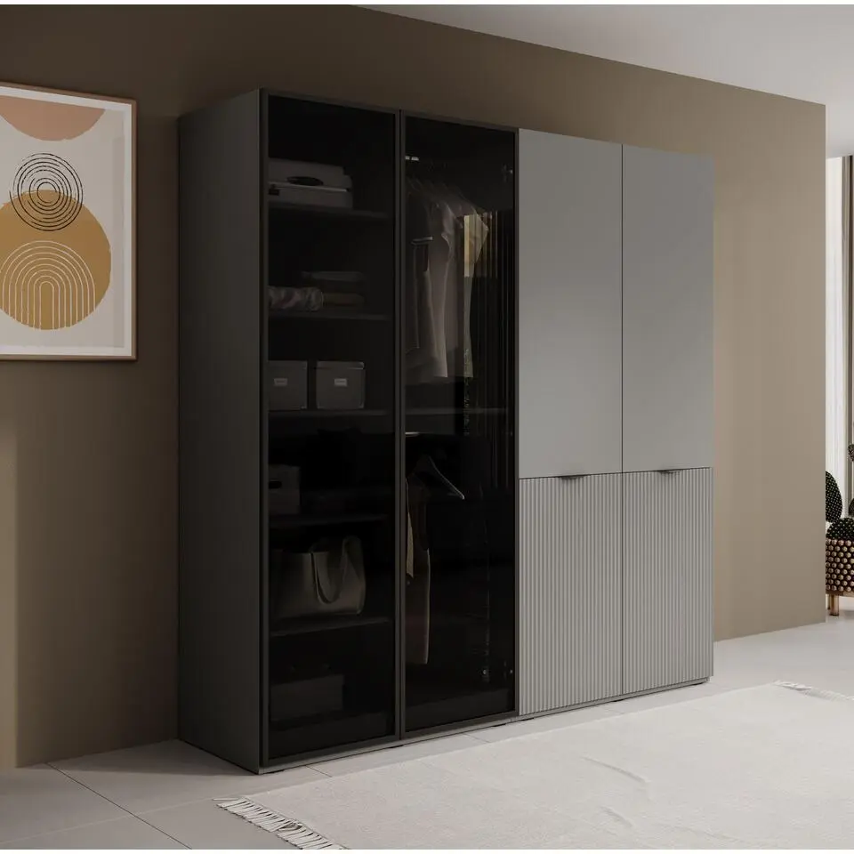 Meubella - Kledingkast Shelton - Grijs - 202 cm - Met glas