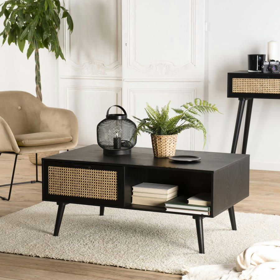 EMILIO - Table basse 1 niche 2 tiroirs en pin cannage couleur noire L100