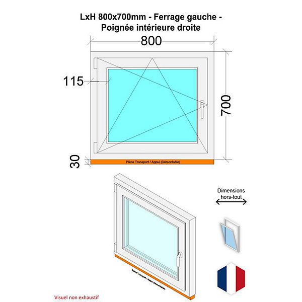 Fenêtre PVC - LxH 800x700 mm -Triple Vitrage - Blanc -poignée à droite
