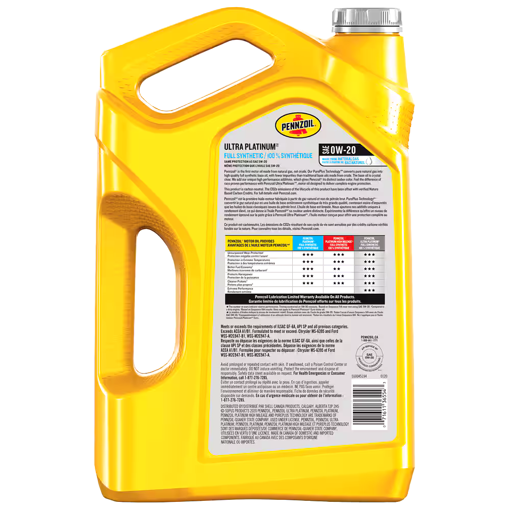 Pennzoil Ultra Platinum 0W20 Synthetic Engine/Motor Oil, 5-L