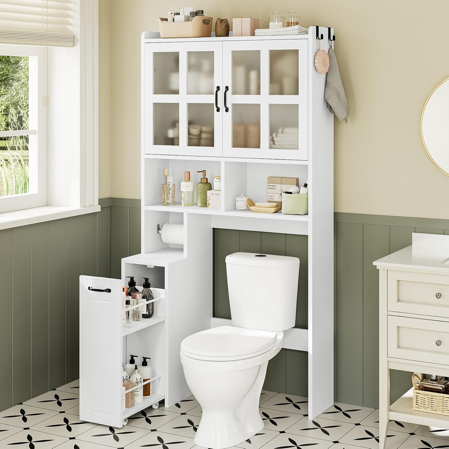 UPOSOJA Over The Toilet Storage Cabinet with Pulley Small Bathroom Storage Cabinet, Space Saver W/Adjustable Shelf & Glass Doors for Bathroom, Restroom, Laundry (Frosted Mirror-Type B)