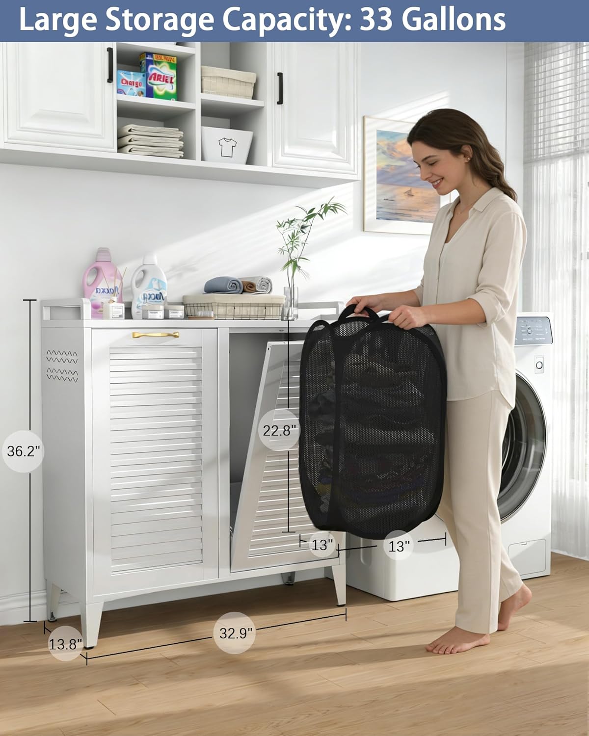 Double Tilt Out Laundry Hamper Cabinet, Locking Caster Metal Frame, Waterproof Rustproof Iron, Space-Saving Hidden Hamper, 33Gal 2-Compartment, Tilt Out Trash Can for Bathroom Family Use
