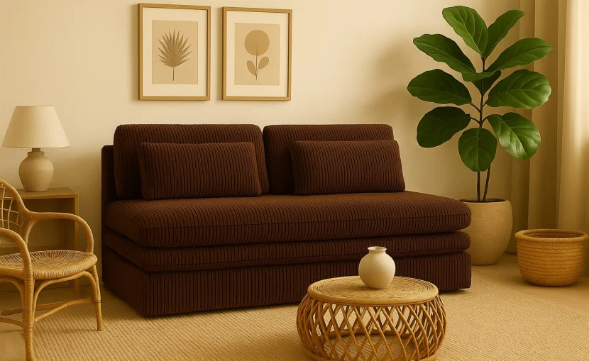 Sofa z funkcją spania i przechowywania OLIA, tkanina Poso, Brązowy