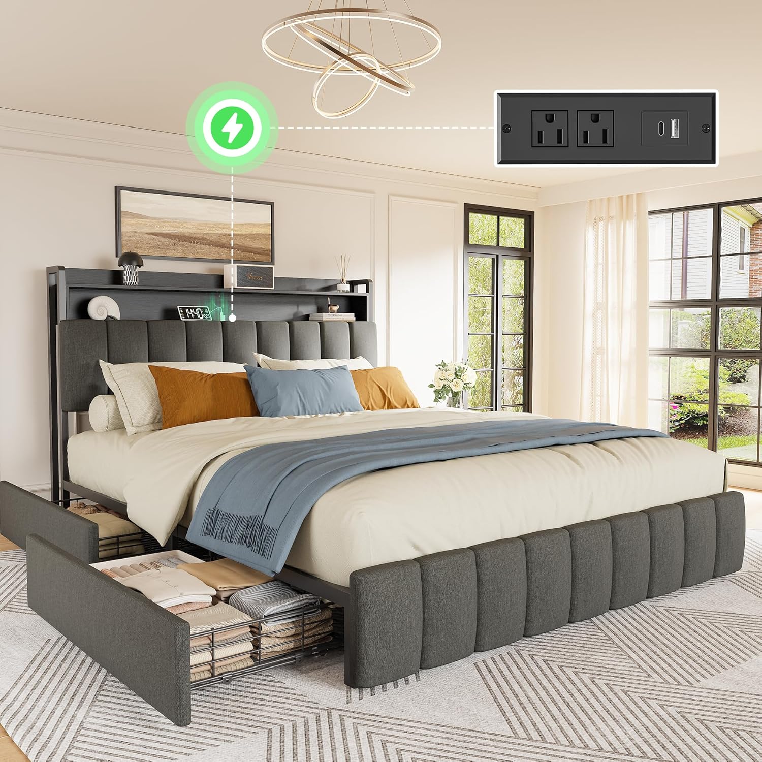 PRAISUN Bed Frame Queen Size with Upholstered Headboard & Charging Station, Queen Bed Frame with 4 Storage Drawers, 2-Tier Open Shelves, No Box Spring Needed, Slient Foam Strip, Easy Assembly, Grey