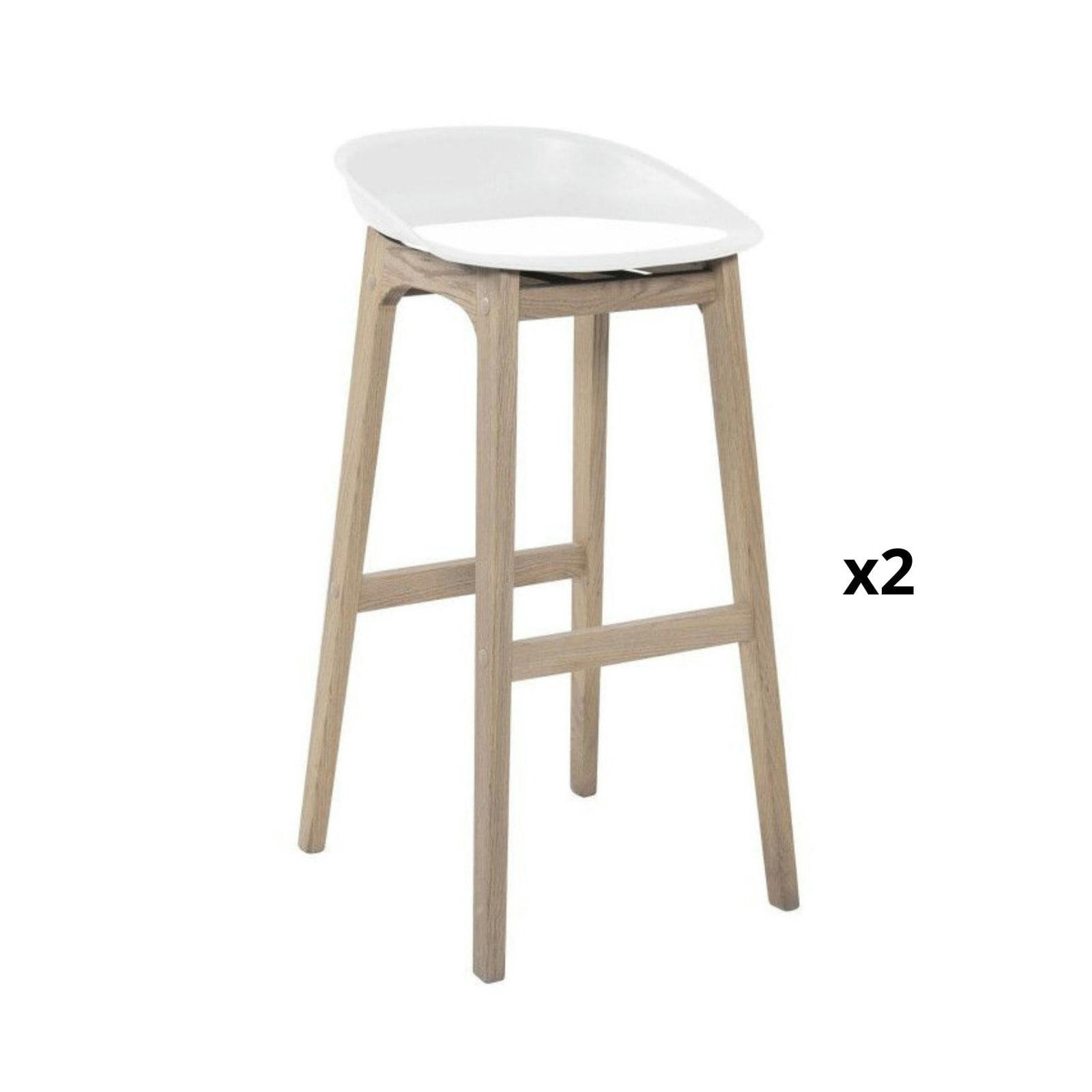 RIVA - Tabourets d'ilot 75cm  pieds chêne assise plastique blanche - Lot de 2