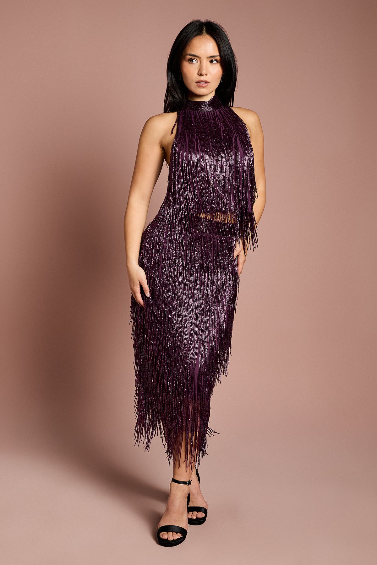 Coast Petite High Neck Embellished Fringe Top