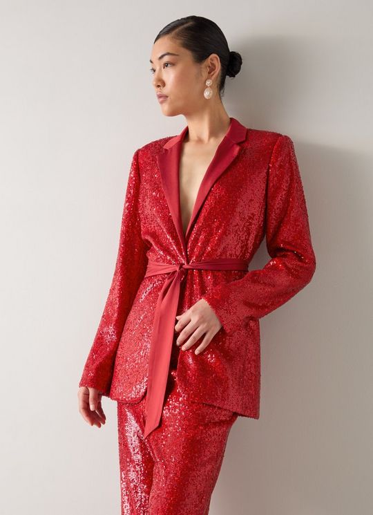 Shimmer Sequin Red Belted Jacket