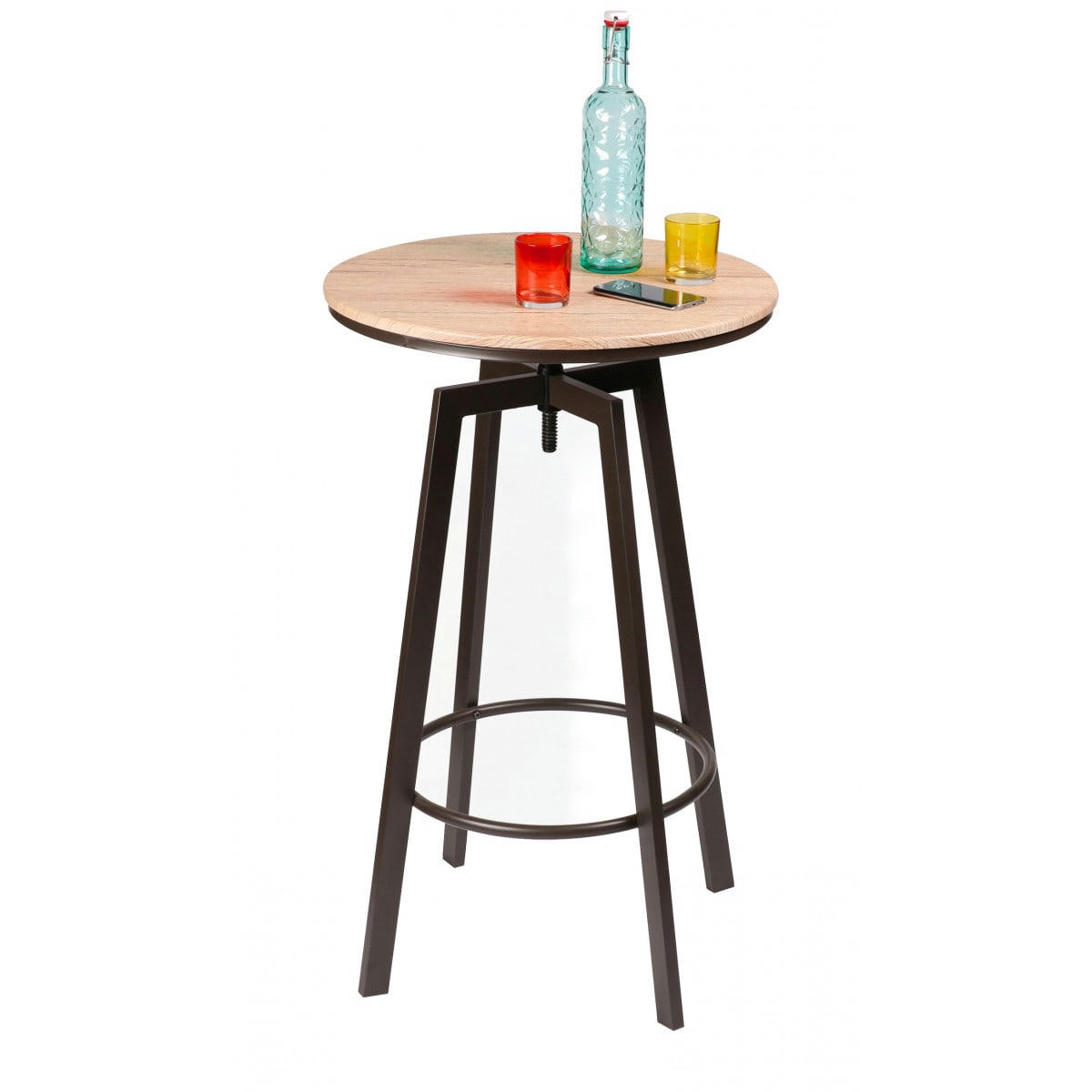 - Table de Bar Ronde Style Industriel en Bois et Métal Noir Ajustable