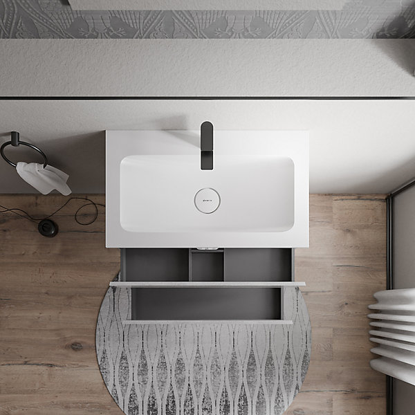 Meuble vasque suspendu MDF aspect béton, lavabo fonte Blanc mat   trou robinet - 80x46x50cm - AVA CREAM