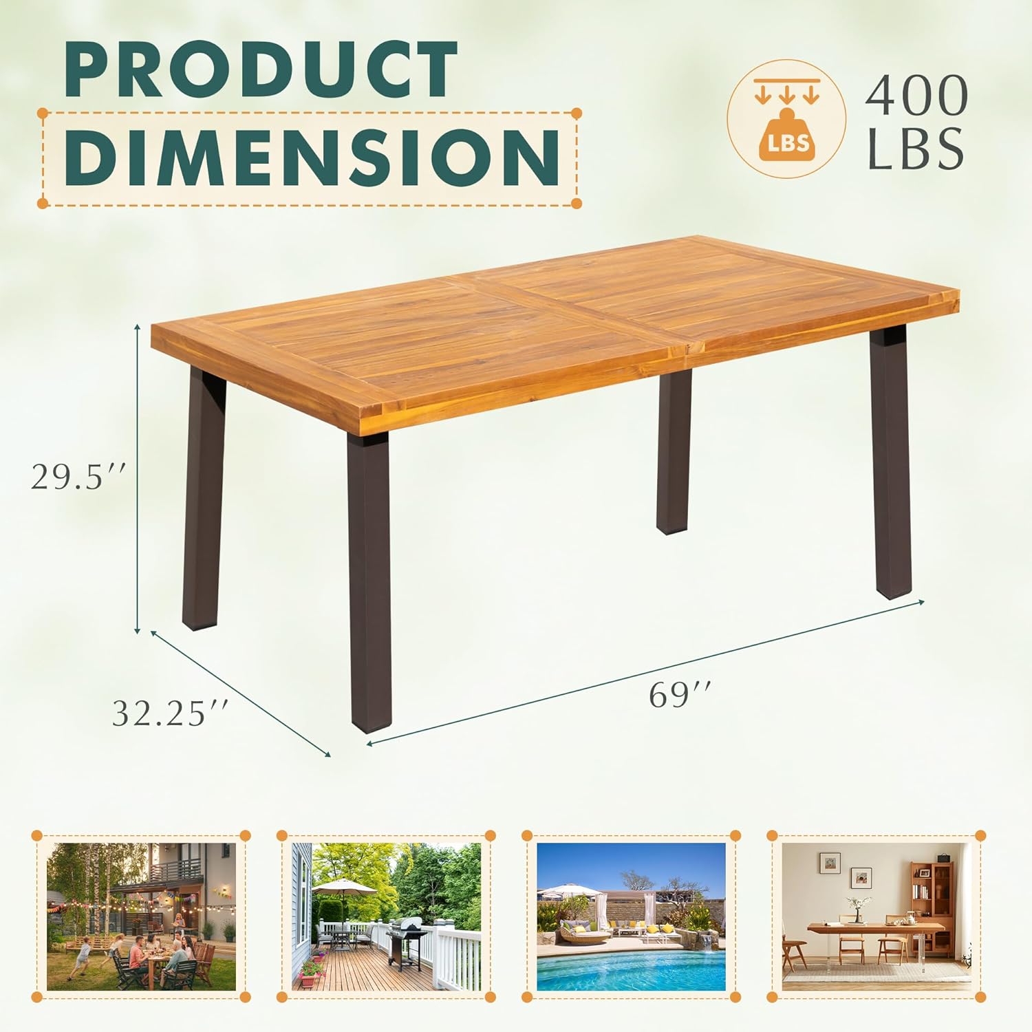 Flamaker Dining Table for 6 Acacia Wood Indoor Outdoor Home Kitchen Table with Iron Legs Large Rectangular Patio Table for Deck, Sunroom