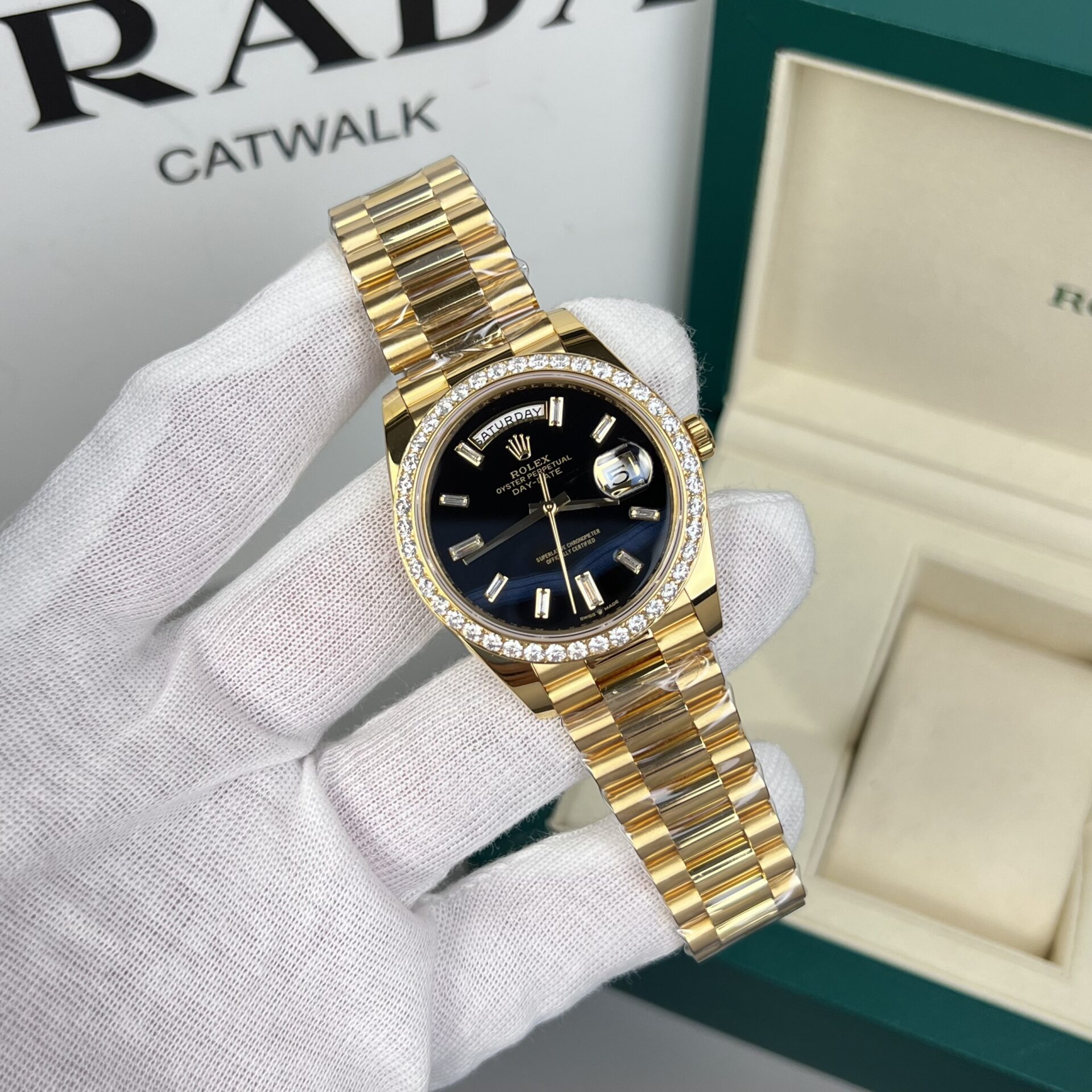 Rolex Day-Date 228348RBR YG Plated Black Dial CZ Diamonds 40mm Super Clone