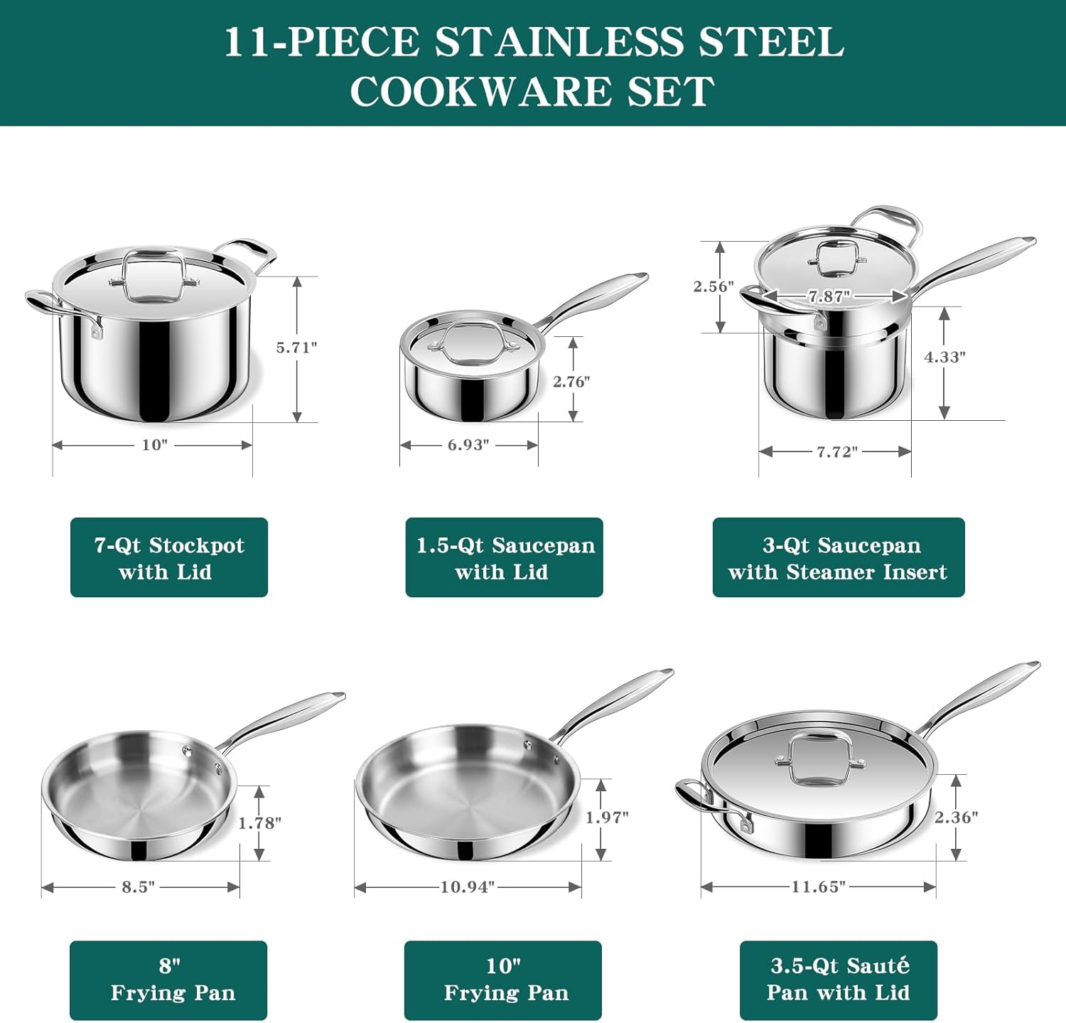 EWFEN Pots and Pans Set, 3 Ply 11 Piece Stainless Steel Cookware Set, Oven Dishwasher Safe | Induction Compatible Frying Pans, Saucepans, Saute Pan & Stock Pot, PFOA Free Kitchen Skillet