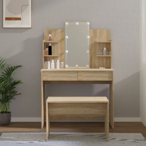 NNEVL Dressing Table Set with LED Sonoma Oak Engineered Wood