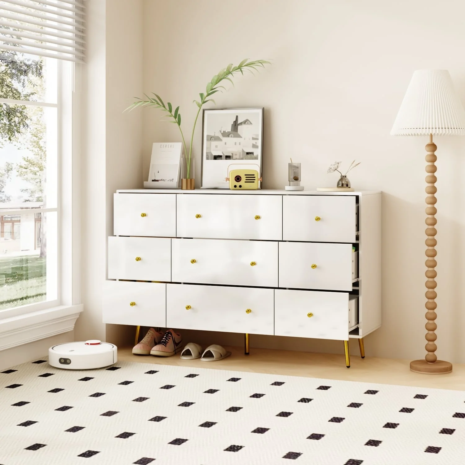 Contemporary 9-Drawer Dresser - High Gloss Finish with Gold Legs Chest