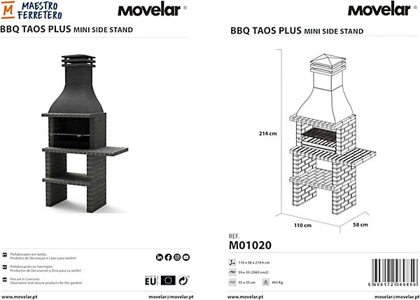MOVELAR - Barbecue en Béton pour Bois/Charbon BBQ TAOS PLUS avec étagère (Gris Foncé - 110x58x214 cm) M01020 - Extérieur