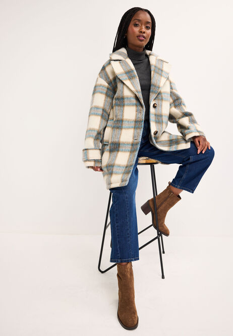 Womens Blue Check Cocoon Coat