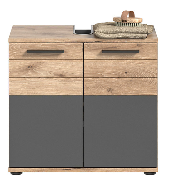 Kai - Combinaison de salle de bains avec éclairage (L/H/P : 60x190x34 cm) en imitation Nox Oak et imitation basalte gris