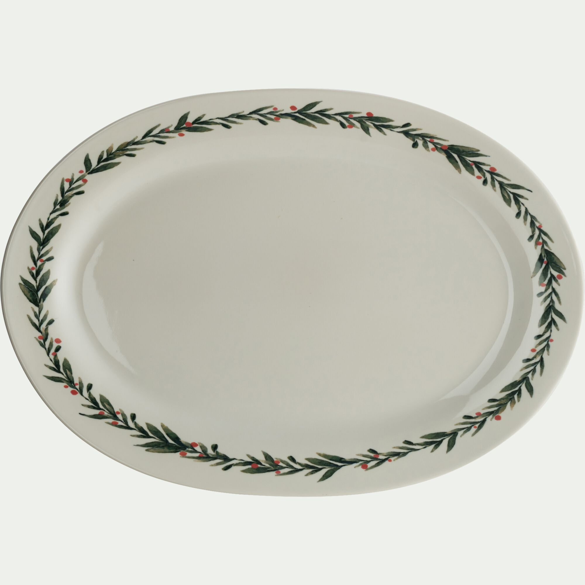HOUX - Plat ovale avec motif houx en grès L40cm - blanc