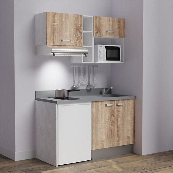 Kitchenette K13 - 140 cm - façades Bois - Plan monobloc en quartz coloris Cromo évier à droite