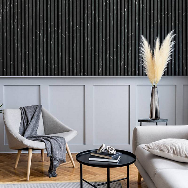 Panneau Mural acoustique tasseaux bois 120 x 30 x 1,9 cm - décor marbre noir / feutrine noir - 0,36m²