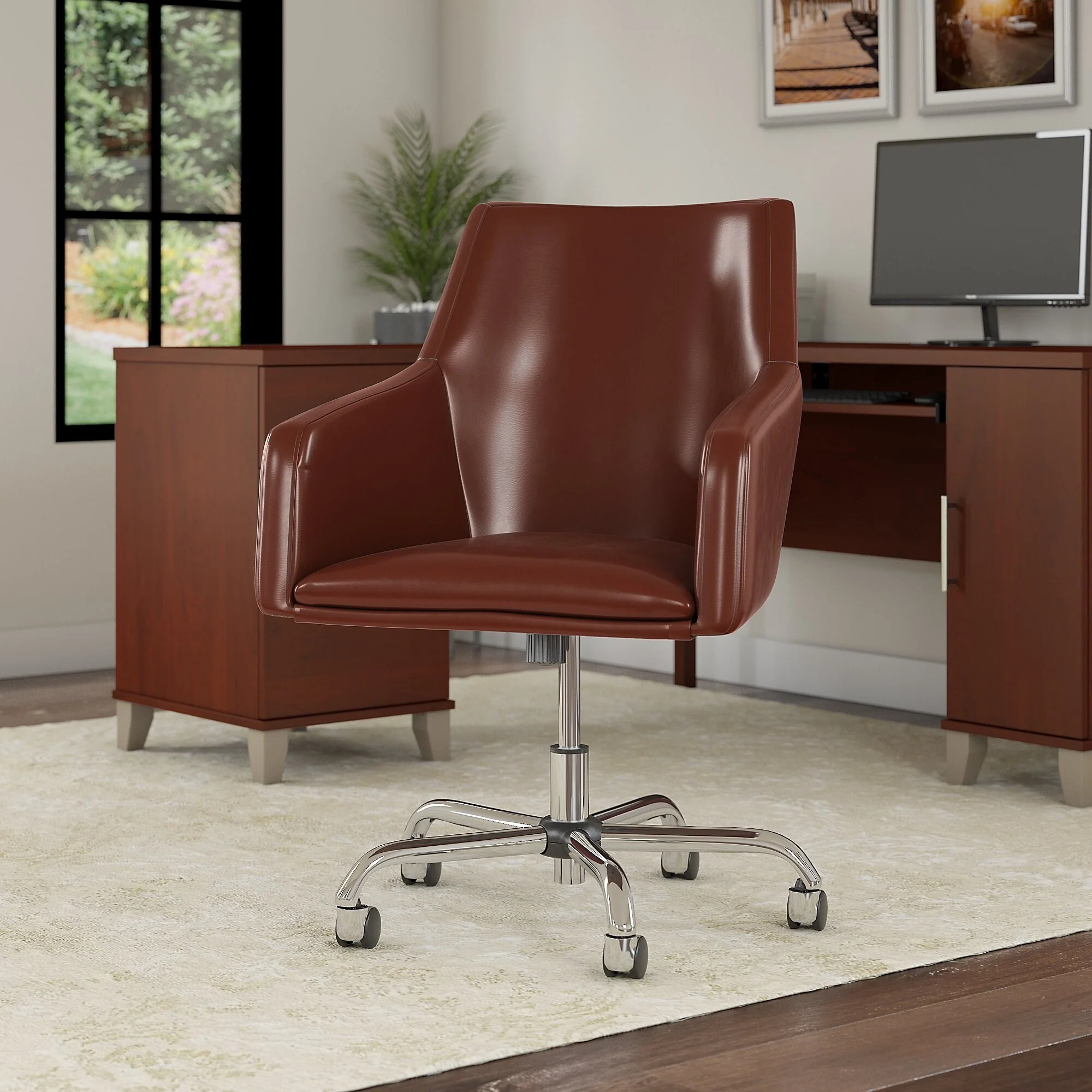 Bush Furniture Somerset Mid Back Leather Box Chair in Brown - 24.41L x 24.80W x 34.45H