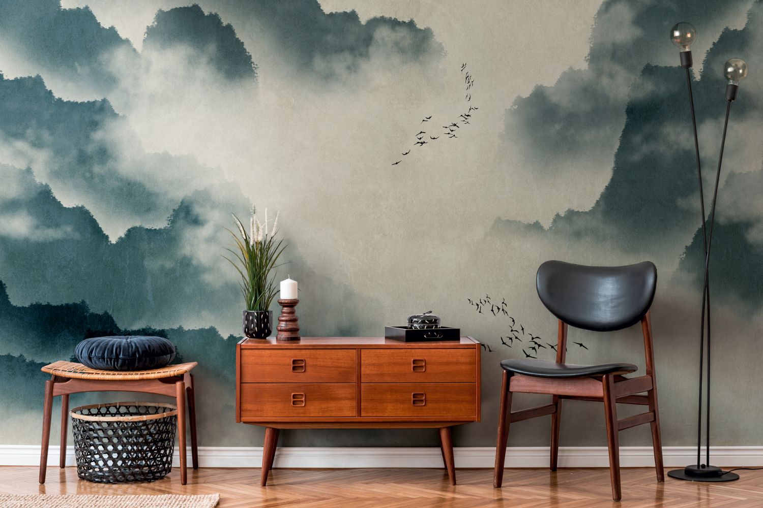 One Wall one Role fotobehang bosrijk landschap blauw, beige en grijs - 371 x 280 cm - AS-382461