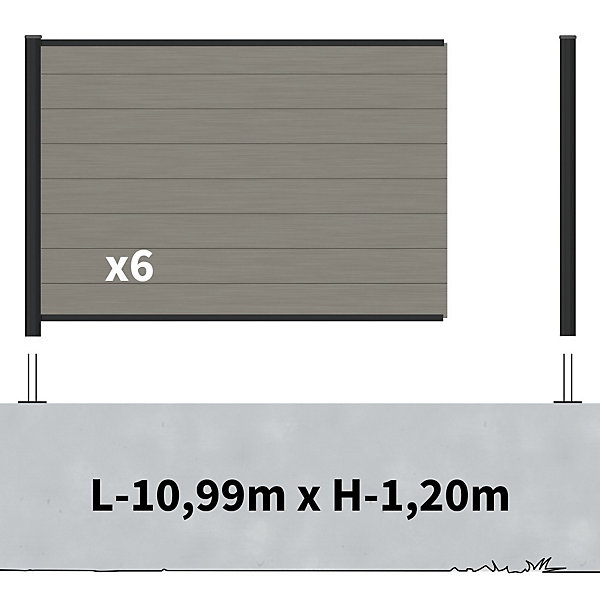 Kit Clôture Composite sur Muret RIO Platine 11x1,2m - Bois composite &Aluminium - Poteaux sur Platines Noir - Brise vue