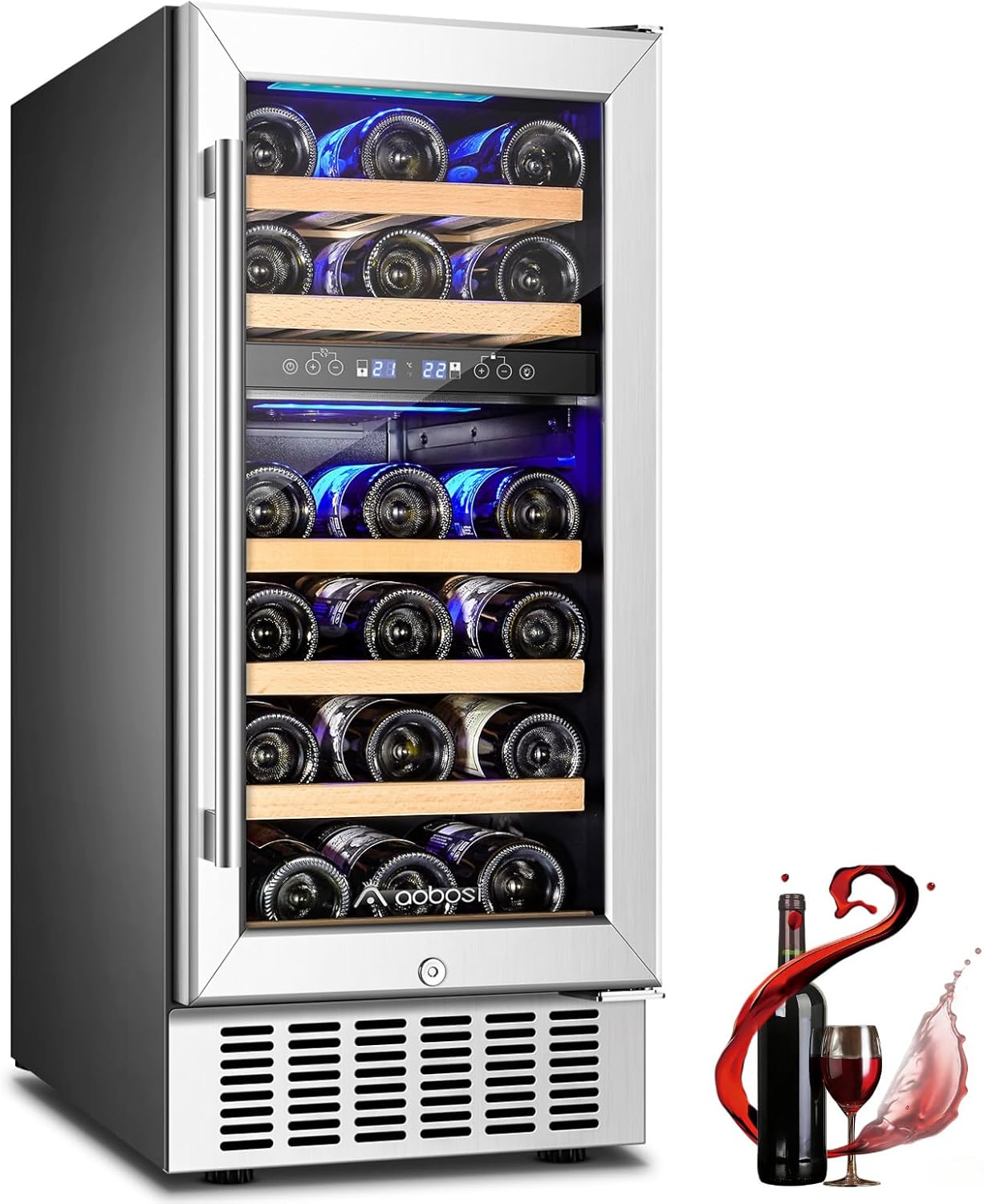 AAOBOSI 15 inch Dual Zone Wine Fridge, 28 Bottles Built-in or Freestanding Fridge,41-64°F Wine Cooler with Professional Compressor，Low Noise and No Fog