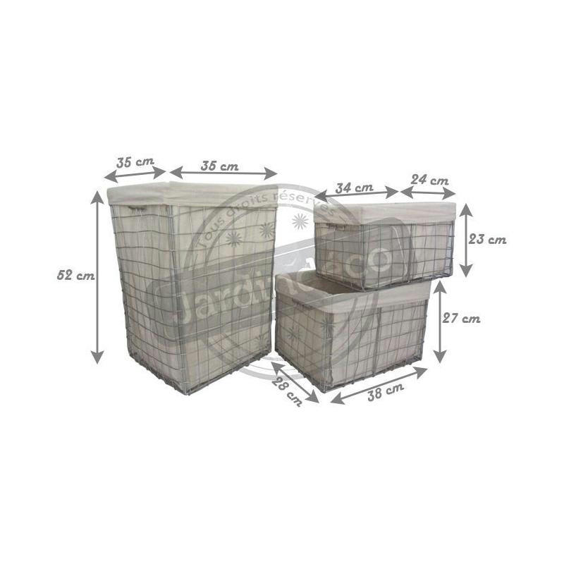 - Panier à linge et corbeilles en métal argenté (lot de 3)