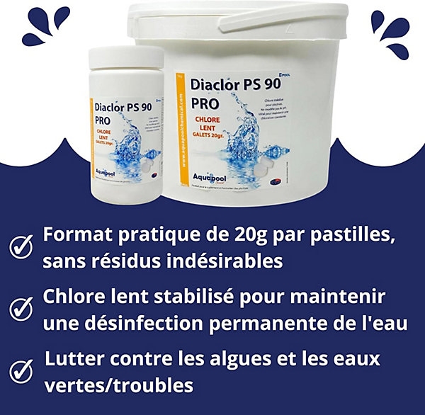 Chlore Lent Pastilles 20G Piscine - Action permanente sur Le taux de Chlore, Traitement Stabilisé, désinfection et Anti-algues 5kg