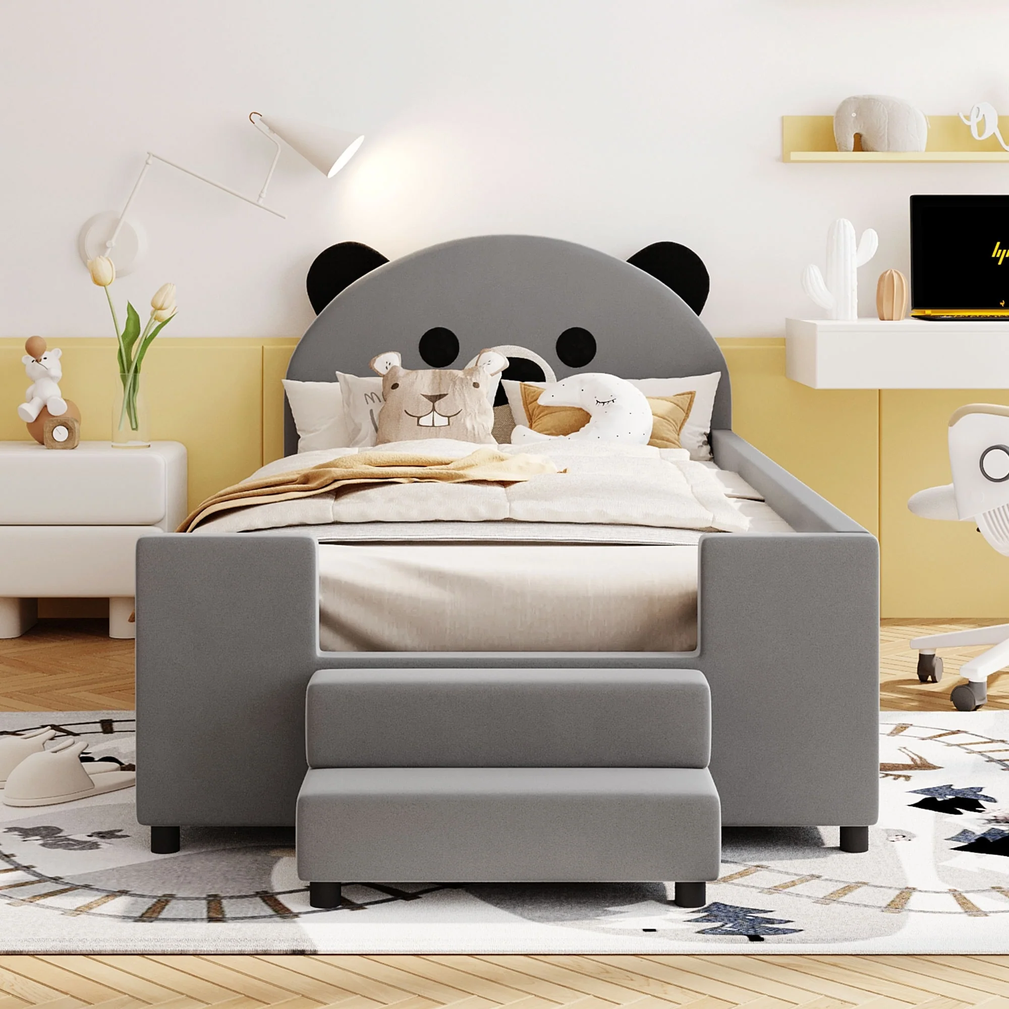 Twin Upholstered Daybed with Bear-Shaped Headboard and Hydraulic Storage System