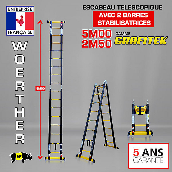 Escabeau-échelle télescopique Woerther 5m/2m50 avec double barres stabilisatrices