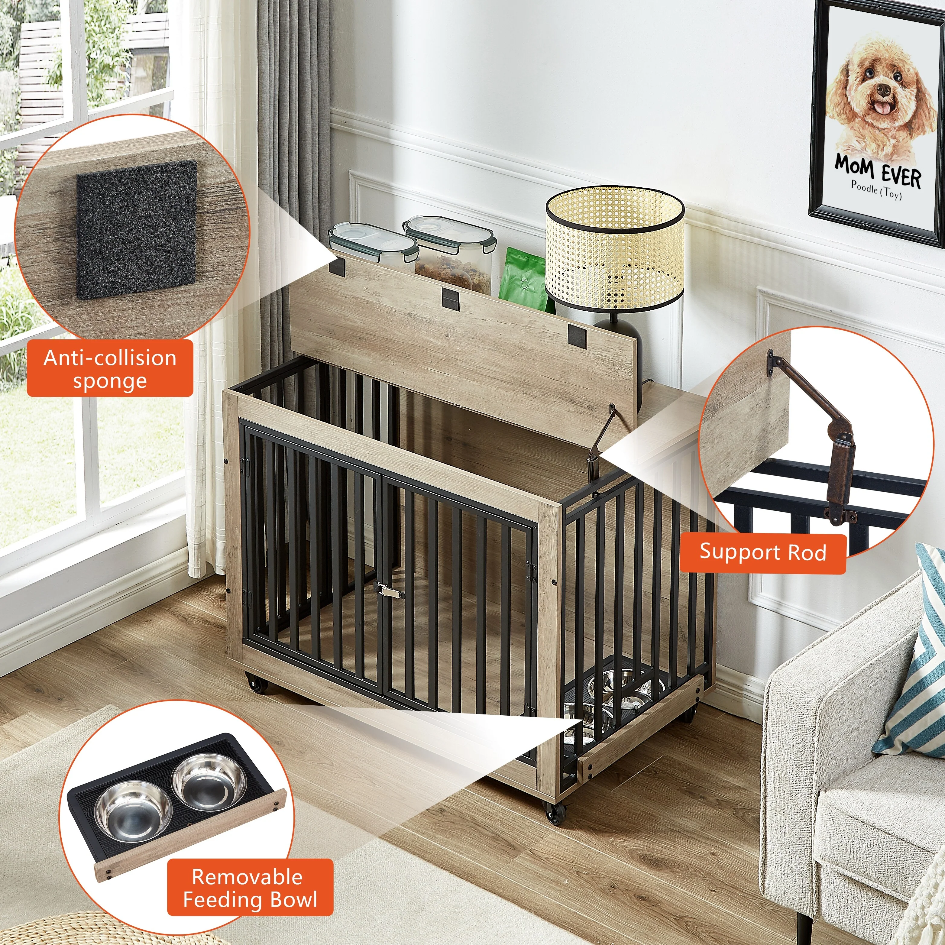 Furniture Style Dog Crate Side Table With Feeding Bowl, Wheels, Three Doors, Flip-Up Top Opening. 38.58W x 25.2D x 27.17H