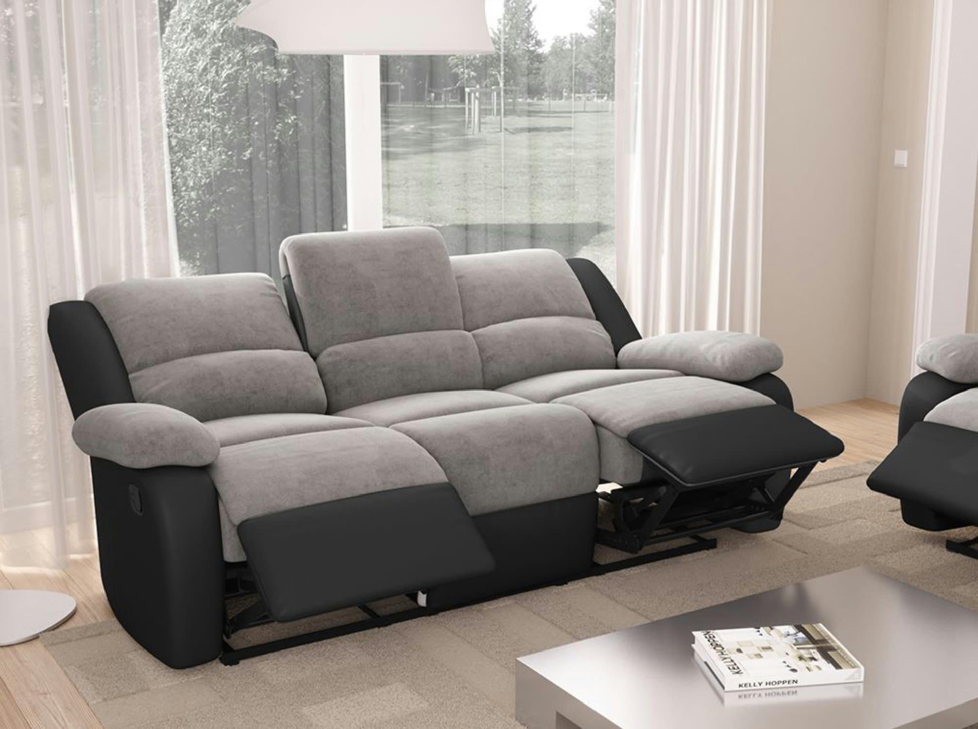 RELAXXO - Canapé Relaxation manuel 3 places Microfibre / Simili - Gris / Noir