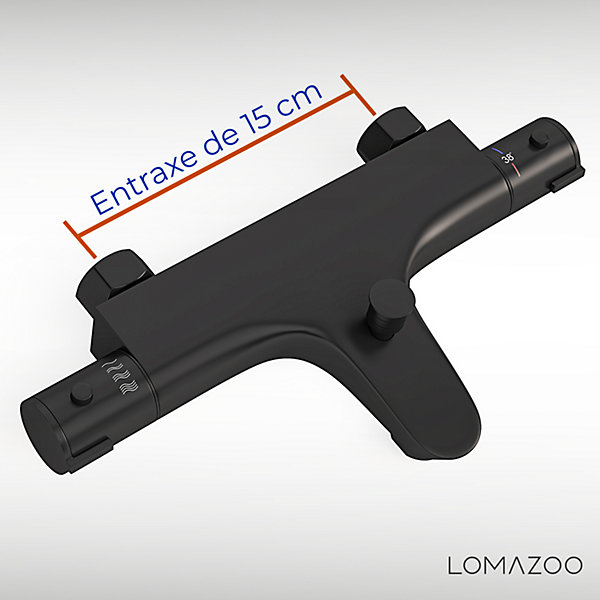 LOMAZOO Mitigeur Thermostatique de Baignoire Noir Mat - Entraxe 15 cm - Avec Bouton de Securite 38C